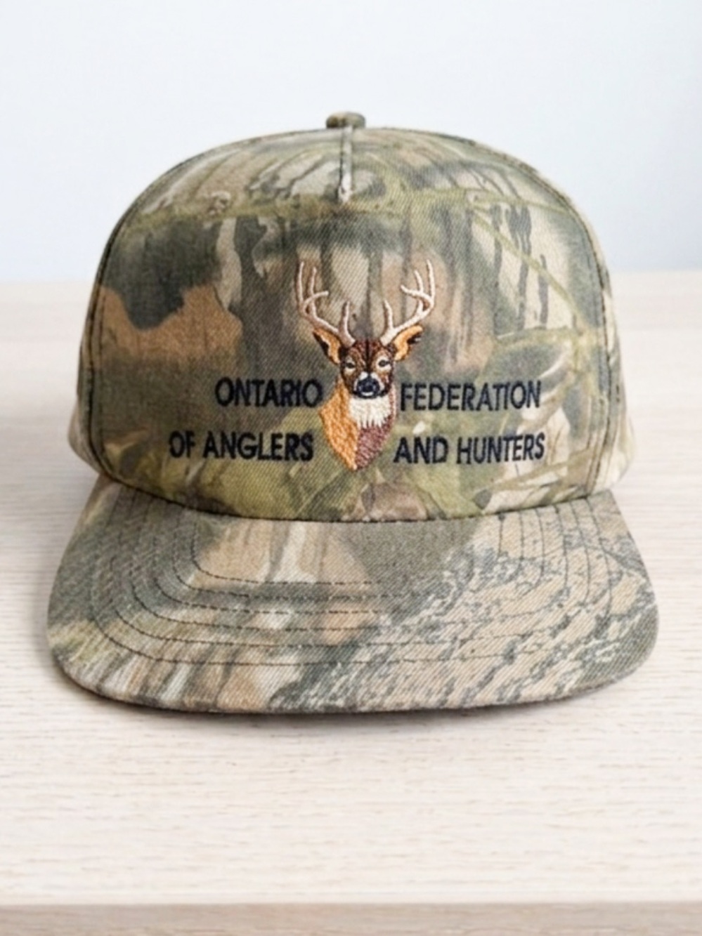 Vtg OFAH Camo Snapback Hat Deer Embroidered Ontario Anglers Hunters Cap